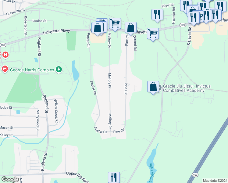 map of restaurants, bars, coffee shops, grocery stores, and more near 147 Mallory Drive in LaGrange