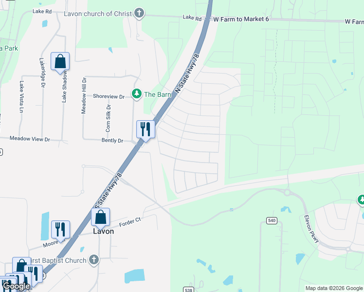 map of restaurants, bars, coffee shops, grocery stores, and more near 400 Texas 78 in Lavon