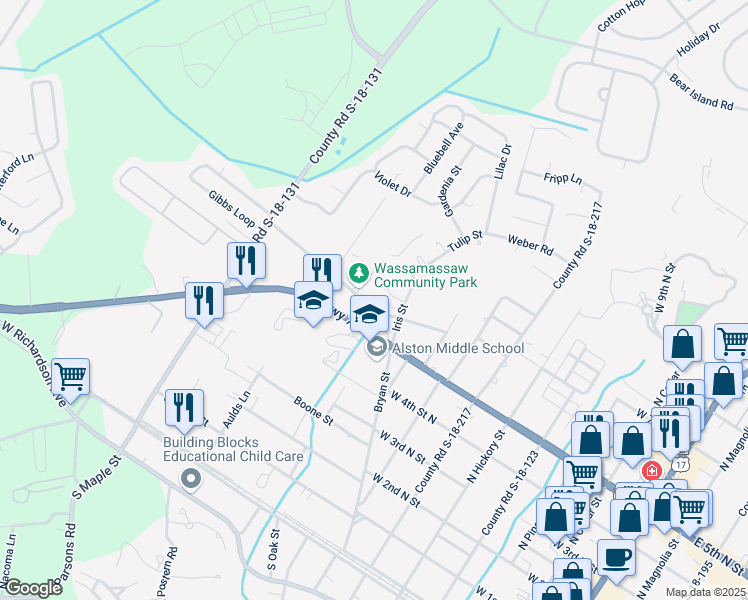 map of restaurants, bars, coffee shops, grocery stores, and more near 621 Wassamassaw Road in Summerville