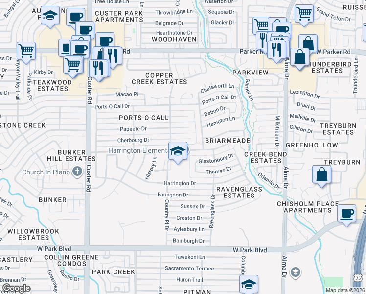 map of restaurants, bars, coffee shops, grocery stores, and more near 1512 Cherbourg Drive in Plano