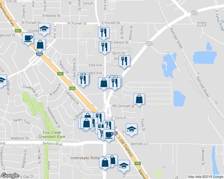 map of restaurants, bars, coffee shops, grocery stores, and more near 353 Highway 121 Business in Lewisville