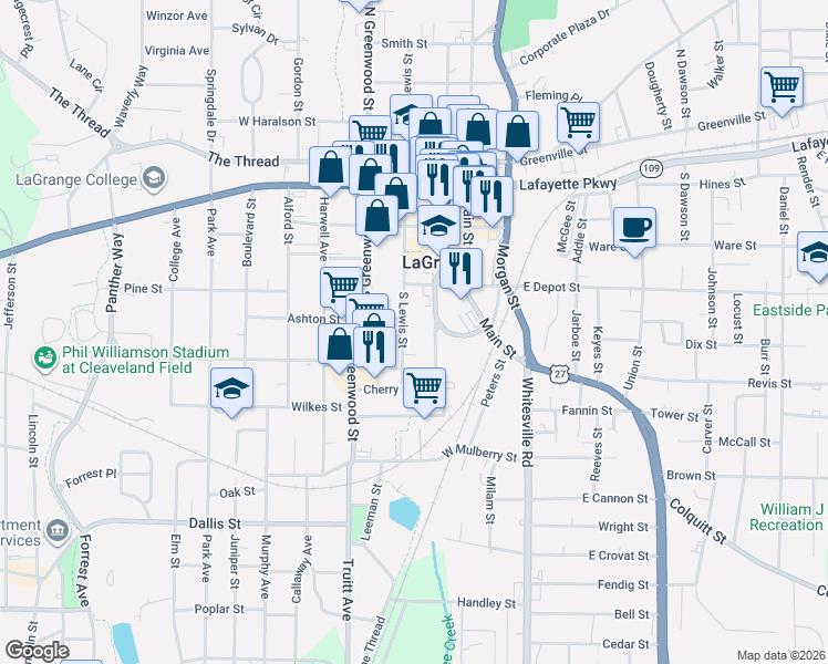 map of restaurants, bars, coffee shops, grocery stores, and more near 409 South Lewis Street in LaGrange