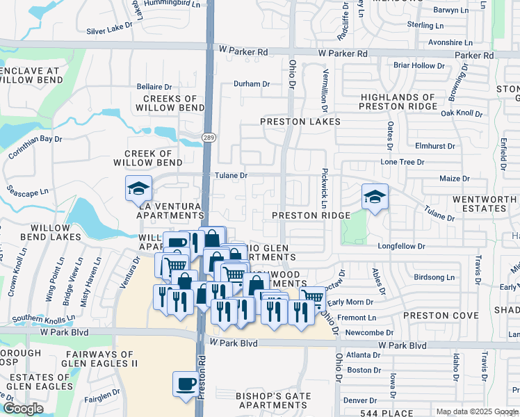 map of restaurants, bars, coffee shops, grocery stores, and more near 2523 Ohio Drive in Plano