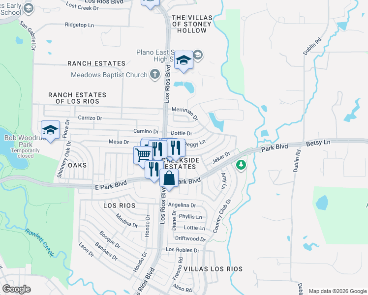 map of restaurants, bars, coffee shops, grocery stores, and more near 4209 Peggy Lane in Plano