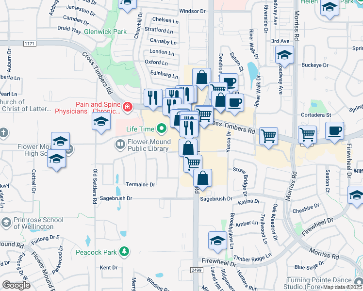 map of restaurants, bars, coffee shops, grocery stores, and more near 2701 Cross Timbers Road in Flower Mound