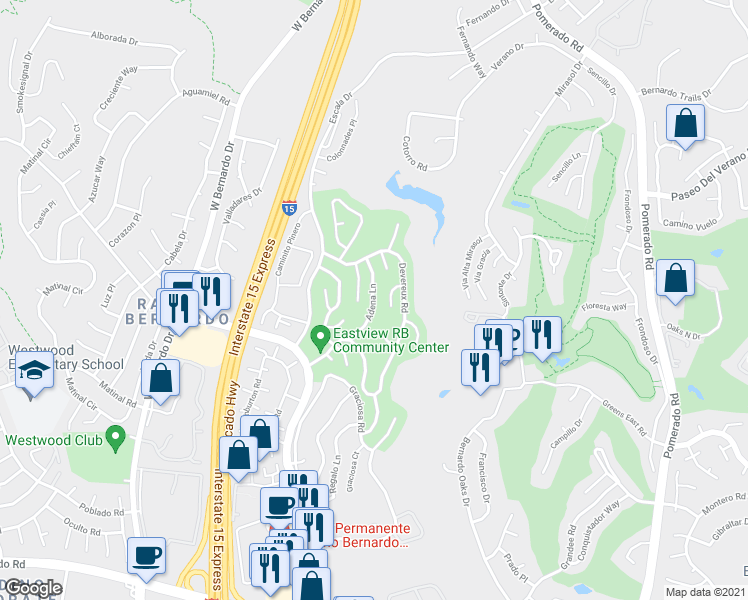 map of restaurants, bars, coffee shops, grocery stores, and more near 17639 Adena Lane in San Diego