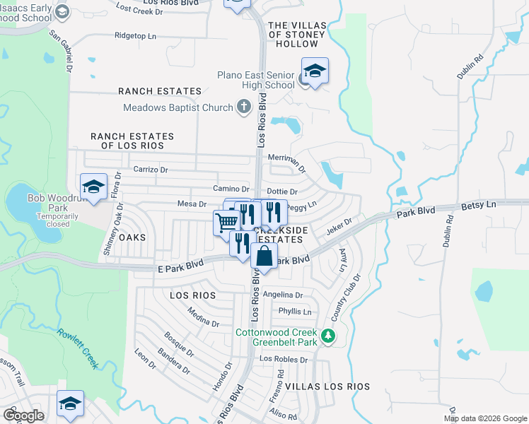 map of restaurants, bars, coffee shops, grocery stores, and more near 4129 Mesa Drive in Plano