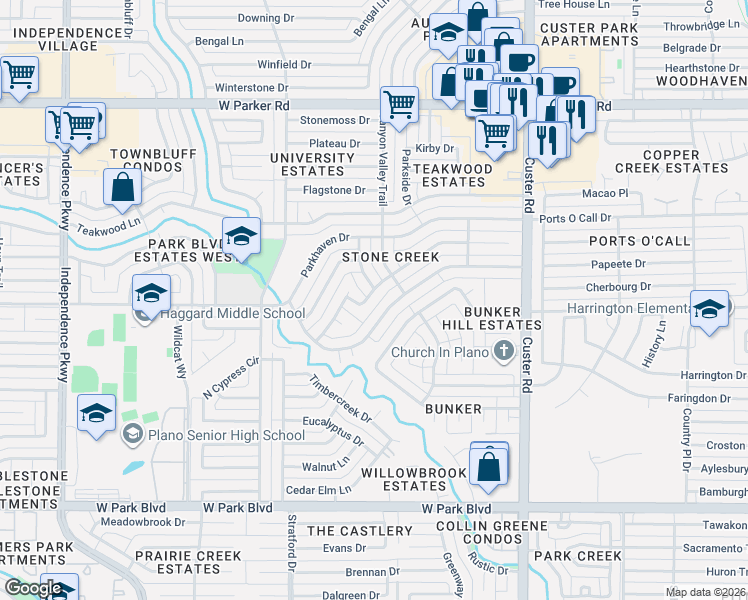 map of restaurants, bars, coffee shops, grocery stores, and more near 2404 Heather Hill Lane in Plano