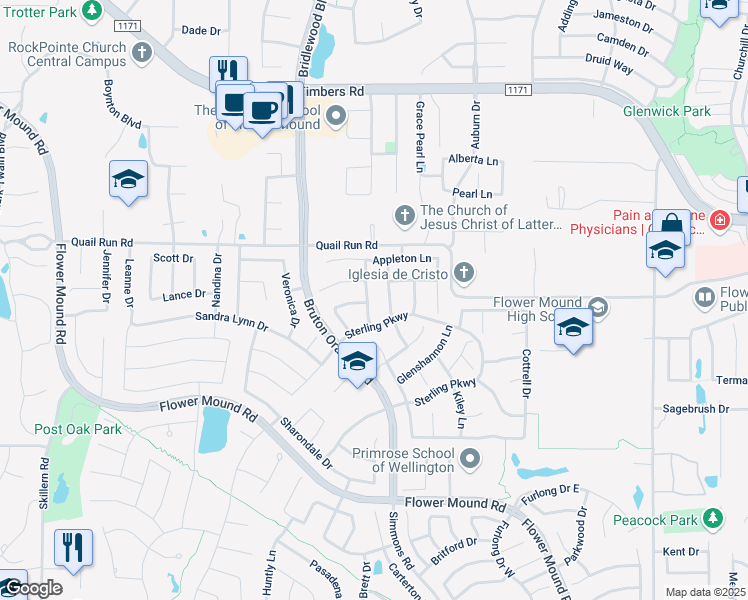 map of restaurants, bars, coffee shops, grocery stores, and more near 4001 Amador Court in Flower Mound