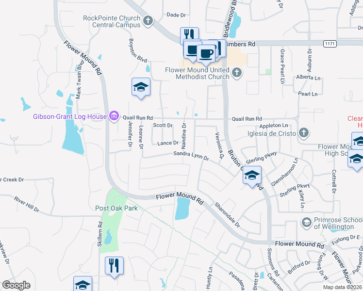 map of restaurants, bars, coffee shops, grocery stores, and more near 3604 Nandina Drive in Flower Mound