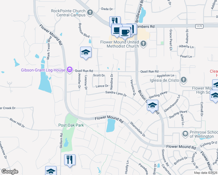 map of restaurants, bars, coffee shops, grocery stores, and more near 3605 Timothy Drive in Flower Mound