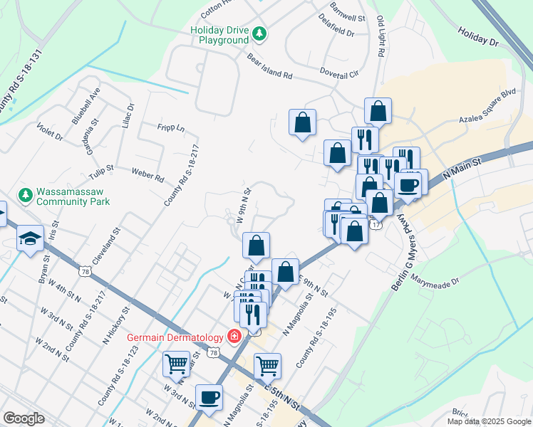 map of restaurants, bars, coffee shops, grocery stores, and more near 201 West 9th North Street in Summerville