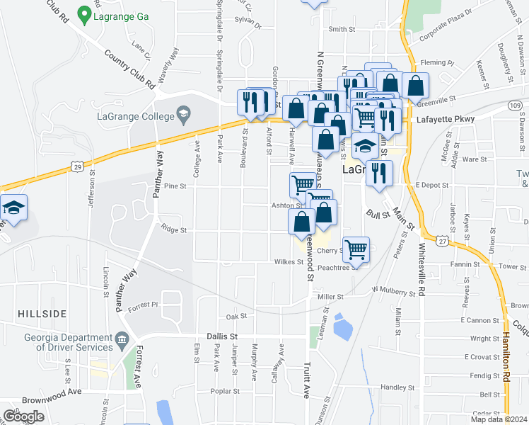 map of restaurants, bars, coffee shops, grocery stores, and more near 404 Alford Street in LaGrange