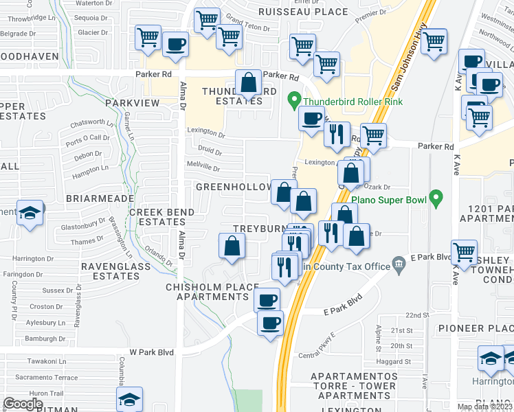 map of restaurants, bars, coffee shops, grocery stores, and more near 2601 Cheshire Drive in Plano