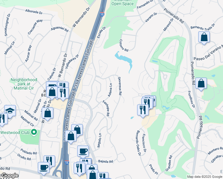 map of restaurants, bars, coffee shops, grocery stores, and more near 17639 Adena Lane in San Diego