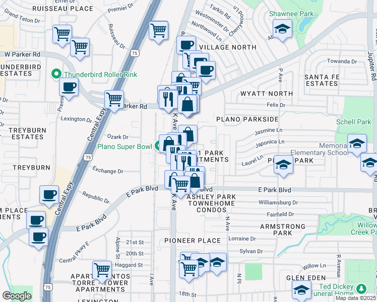 map of restaurants, bars, coffee shops, grocery stores, and more near 2701 Dobie Drive in Plano