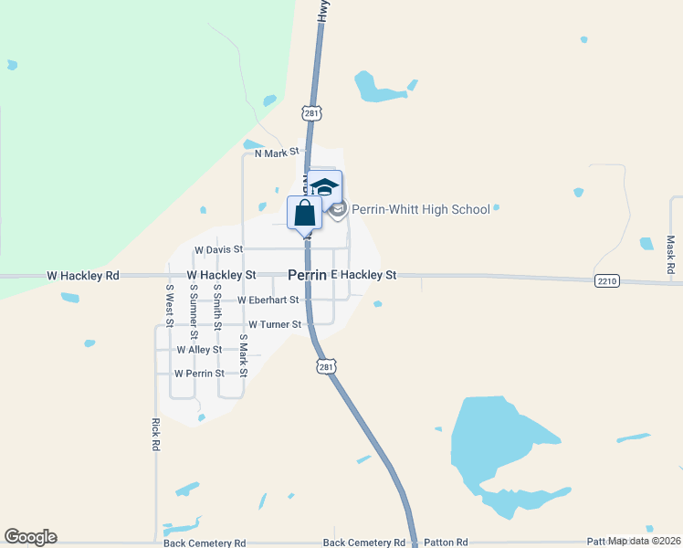 map of restaurants, bars, coffee shops, grocery stores, and more near 121 East Hackley Street in Perrin