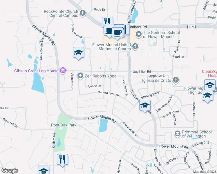 map of restaurants, bars, coffee shops, grocery stores, and more near 3513 San Paula Drive in Flower Mound