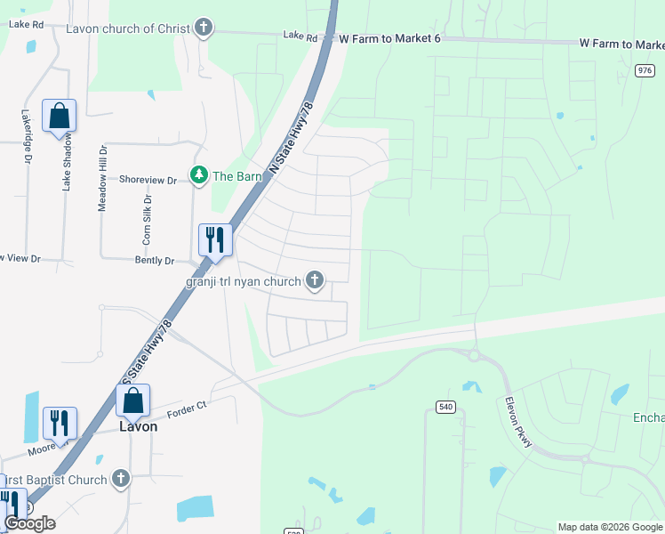 map of restaurants, bars, coffee shops, grocery stores, and more near Community Drive in Lavon