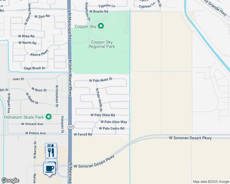 map of restaurants, bars, coffee shops, grocery stores, and more near 44079 West Palo Amarillo Road in Maricopa