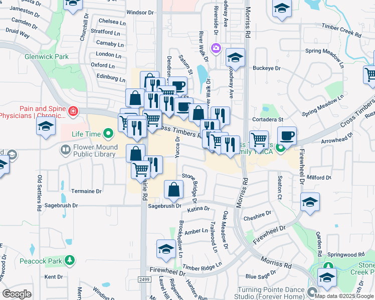 map of restaurants, bars, coffee shops, grocery stores, and more near 2501 Cross Timbers Rd in Flower Mound