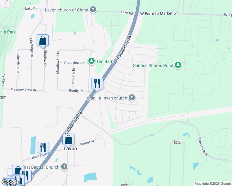 map of restaurants, bars, coffee shops, grocery stores, and more near 400 Texas 78 in Lavon
