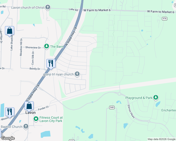 map of restaurants, bars, coffee shops, grocery stores, and more near Texas 78 in Lavon