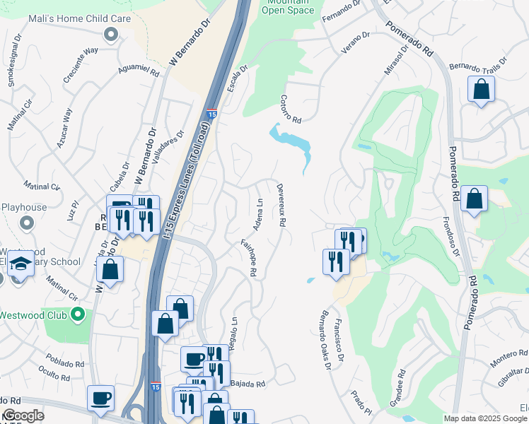 map of restaurants, bars, coffee shops, grocery stores, and more near 17579 Adena Lane in San Diego