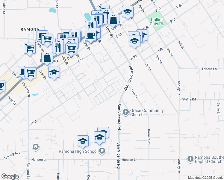 map of restaurants, bars, coffee shops, grocery stores, and more near 1212 H Street in Ramona