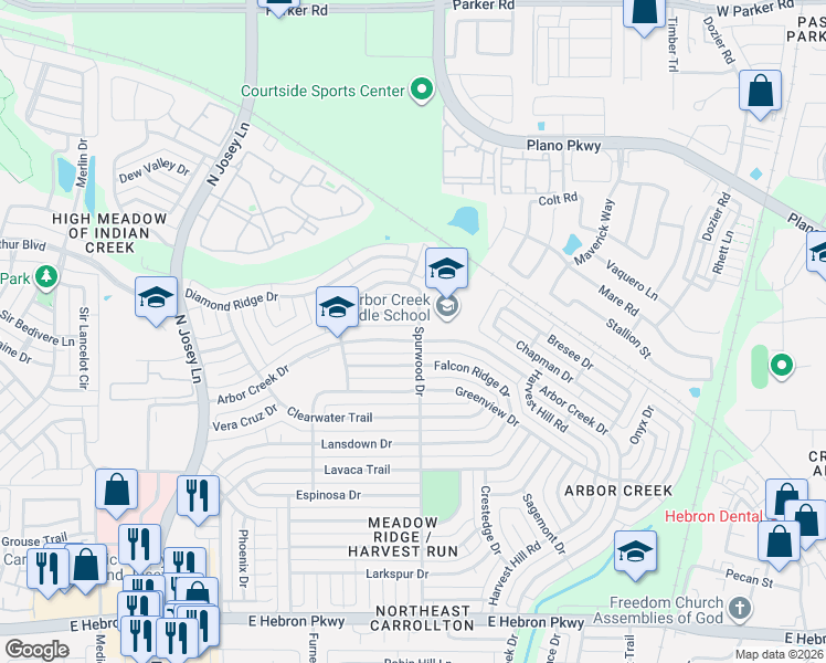map of restaurants, bars, coffee shops, grocery stores, and more near 2026 Topaz Drive in Carrollton