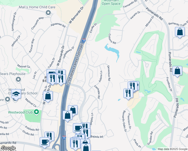 map of restaurants, bars, coffee shops, grocery stores, and more near 17595 Drayton Hall Way in San Diego