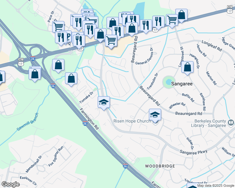 map of restaurants, bars, coffee shops, grocery stores, and more near 1203 Millbrook Road in Summerville