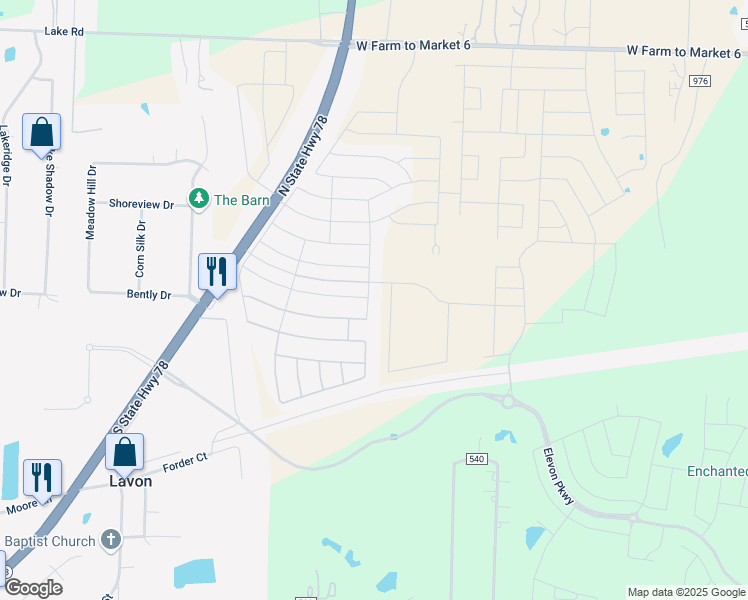 map of restaurants, bars, coffee shops, grocery stores, and more near Texas 78 in Lavon