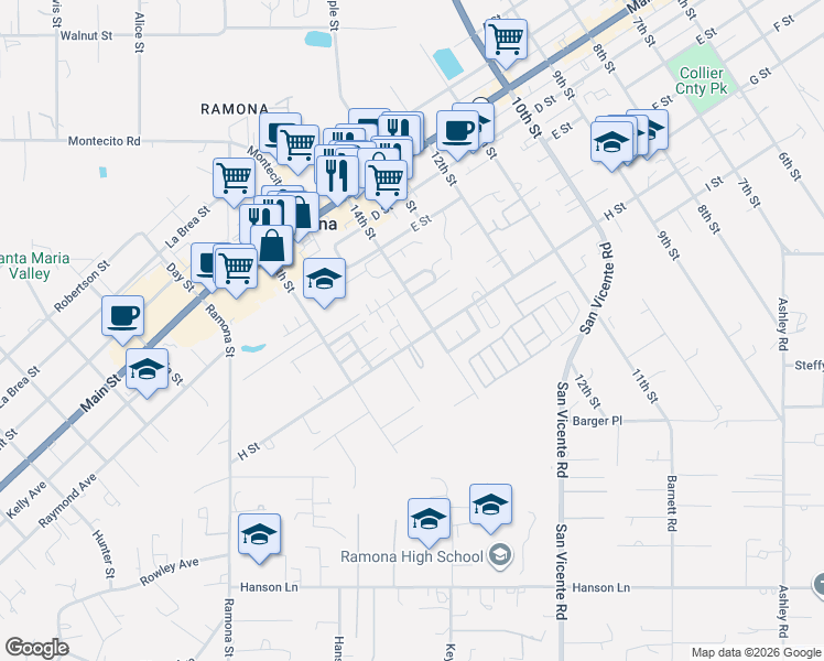 map of restaurants, bars, coffee shops, grocery stores, and more near 772 Warpaint Drive in Ramona