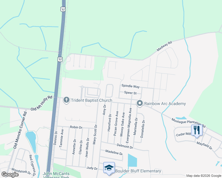 map of restaurants, bars, coffee shops, grocery stores, and more near 155 Kirkland Street in Goose Creek