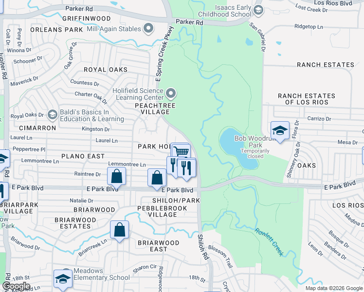 map of restaurants, bars, coffee shops, grocery stores, and more near 3421 Laurel Lane in Plano