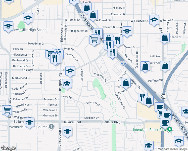 map of restaurants, bars, coffee shops, grocery stores, and more near 836 Creekside Drive in Lewisville