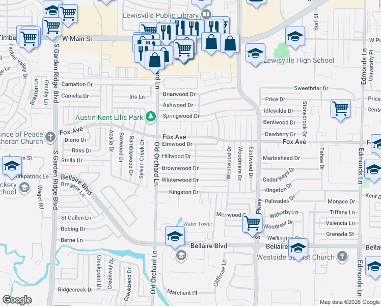 map of restaurants, bars, coffee shops, grocery stores, and more near 1102 Elmwood Drive in Lewisville