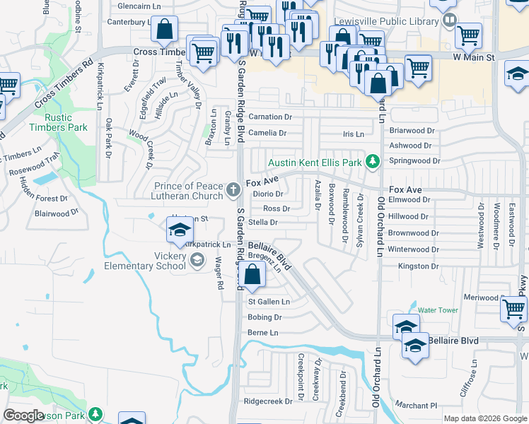 map of restaurants, bars, coffee shops, grocery stores, and more near 1431 Ross Drive in Lewisville