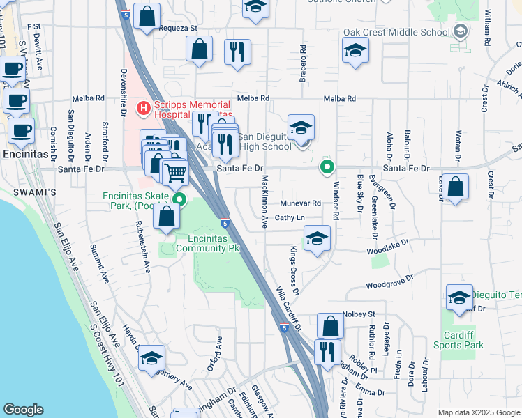 map of restaurants, bars, coffee shops, grocery stores, and more near 1308 Mackinnon Avenue in Encinitas