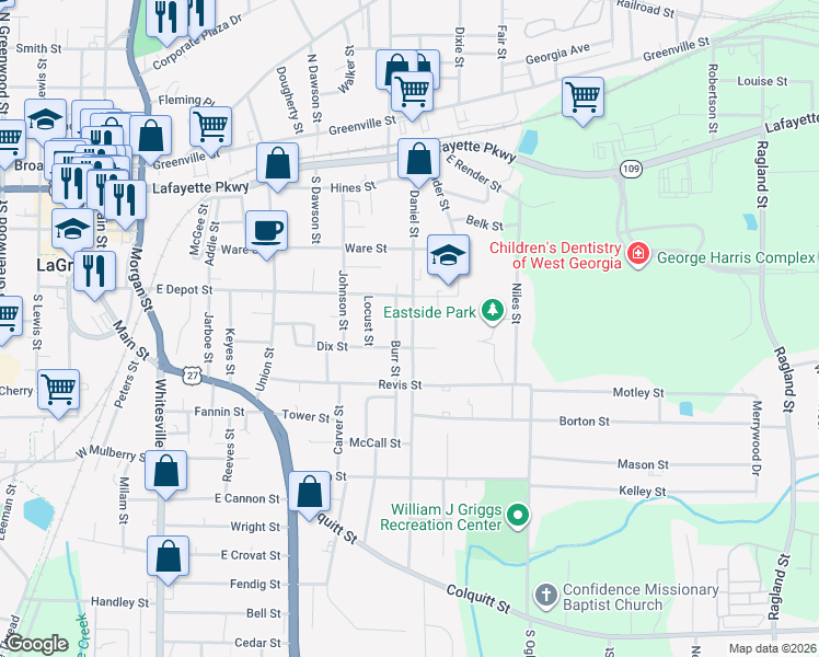 map of restaurants, bars, coffee shops, grocery stores, and more near 322 Daniel Street in LaGrange