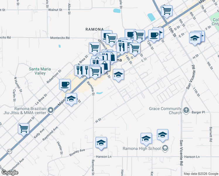 map of restaurants, bars, coffee shops, grocery stores, and more near 531 16th Street in Ramona