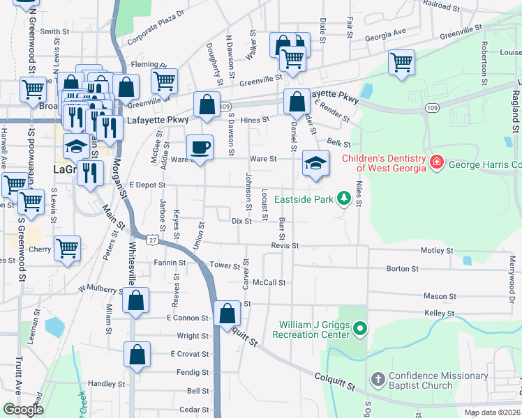 map of restaurants, bars, coffee shops, grocery stores, and more near 307 Johnson Street in LaGrange