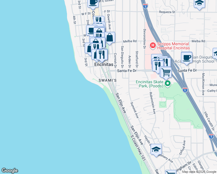 map of restaurants, bars, coffee shops, grocery stores, and more near 1376 South Coast Highway 101 in Encinitas