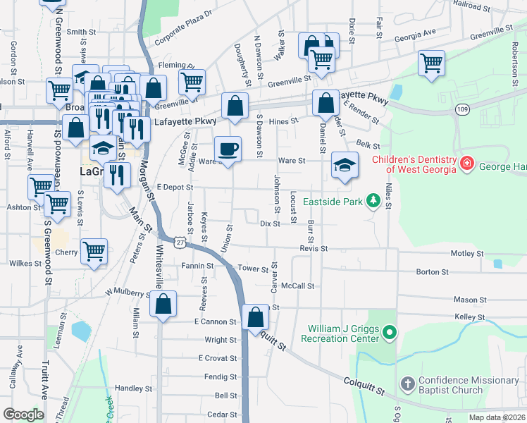map of restaurants, bars, coffee shops, grocery stores, and more near 115 Dix Street in LaGrange