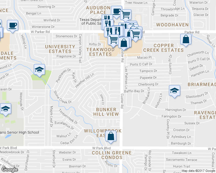 map of restaurants, bars, coffee shops, grocery stores, and more near 2608 Trenton Court in Plano