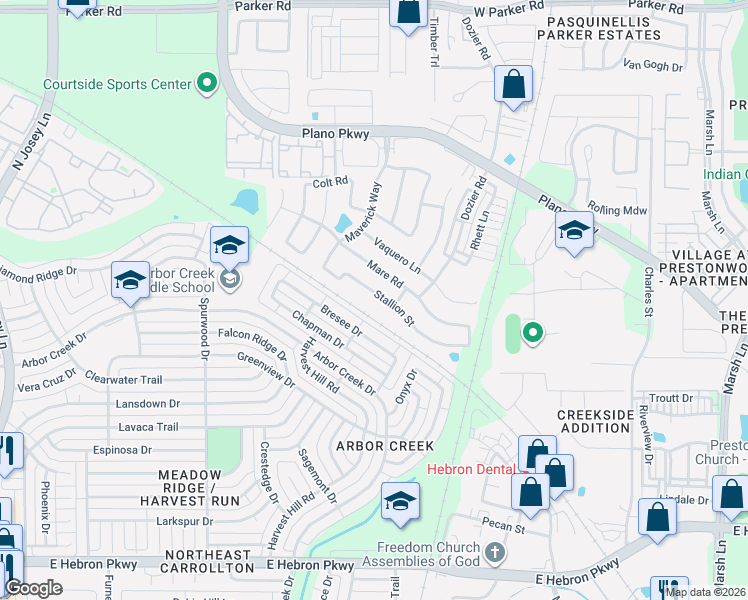 map of restaurants, bars, coffee shops, grocery stores, and more near 2355 Stallion Street in Carrollton