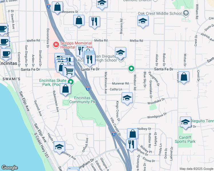 map of restaurants, bars, coffee shops, grocery stores, and more near 1305 Mackinnon Avenue in Encinitas
