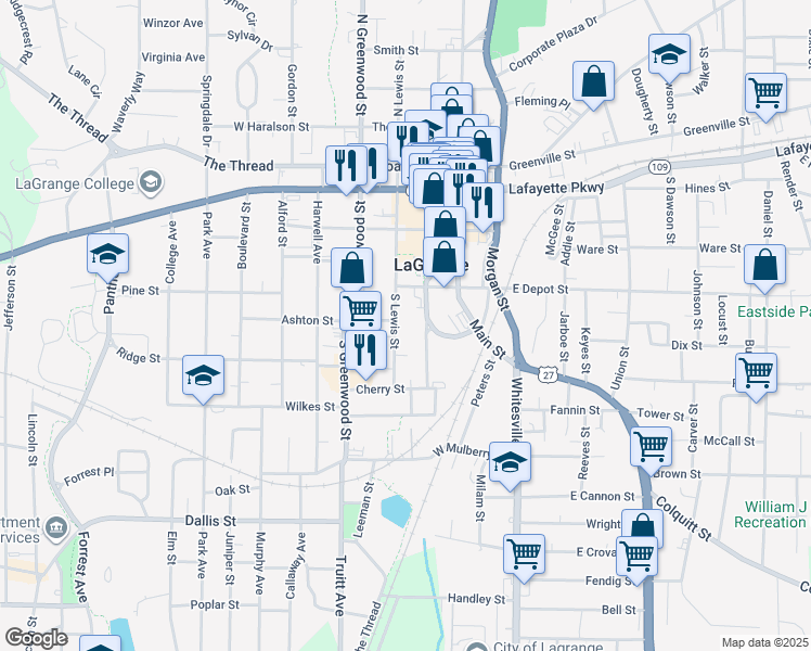 map of restaurants, bars, coffee shops, grocery stores, and more near 409 South Lewis Street in LaGrange