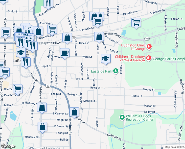 map of restaurants, bars, coffee shops, grocery stores, and more near 110 Burr Street in LaGrange